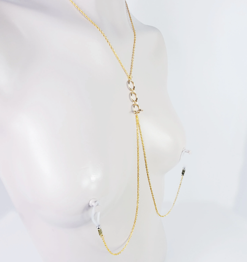 Tri Circle Necklace in Gold with Removeable Nipple Chains on Nipple Nooses or Your Choice of Nipple Clamps. BDSM