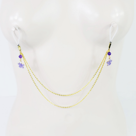 Non Piercing Nipple Chains, Gold with Purple Flowers. On Your Choice of Nipple Nooses or Clamps. BDSM