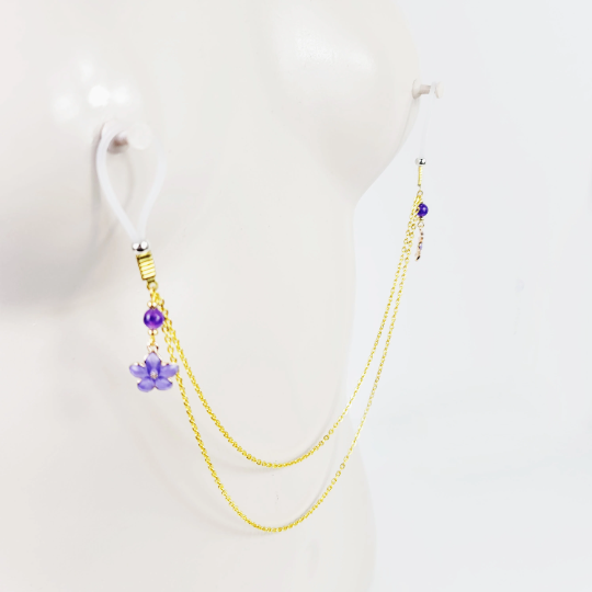 Non Piercing Nipple Chains, Gold with Purple Flowers. On Your Choice of Nipple Nooses or Clamps. BDSM