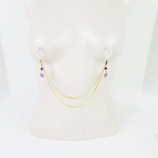 Non Piercing Nipple Chains, Gold with Purple Flowers. On Your Choice of Nipple Nooses or Clamps. BDSM