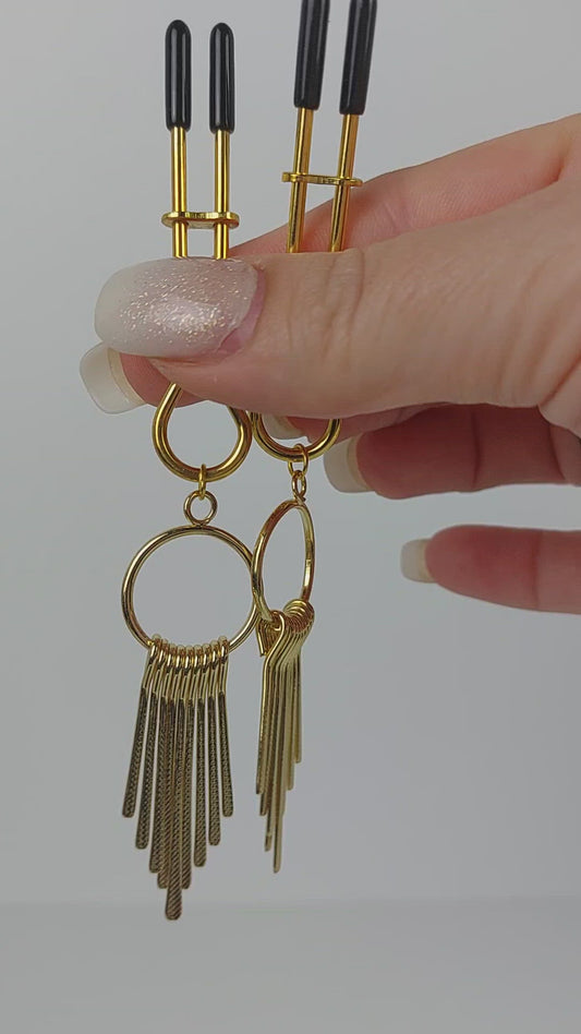 Straight Tweezer Nipple Clamps, Gold, with Dangles.
