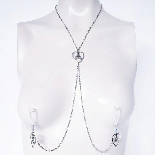 Celtic knot heart necklace with attached nipple nooses. Or feel the sting with one of our five types of nipple clamps. BDSM, Sex Toy