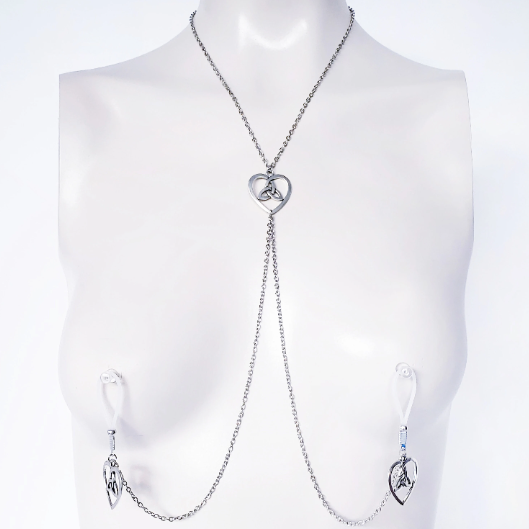 Celtic knot heart necklace with attached nipple nooses. Or feel the sting with one of our five types of nipple clamps. BDSM, Sex Toy