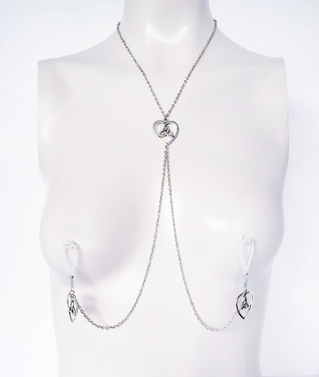 Celtic knot heart necklace with attached nipple nooses. Or feel the sting with one of our five types of nipple clamps. BDSM, Sex Toy