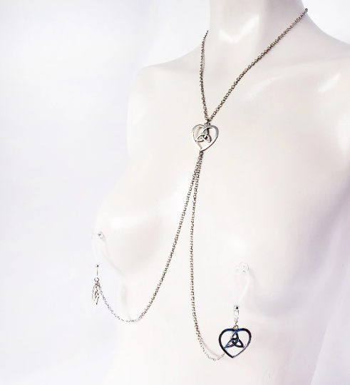 Celtic knot heart necklace with attached nipple nooses. Or feel the sting with one of our five types of nipple clamps. BDSM, Sex Toy