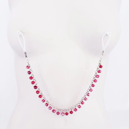 Nipple Chain with Red Bead Dangles, Non Piercing. Or Your Choice of Nipple Clamps.BDSM