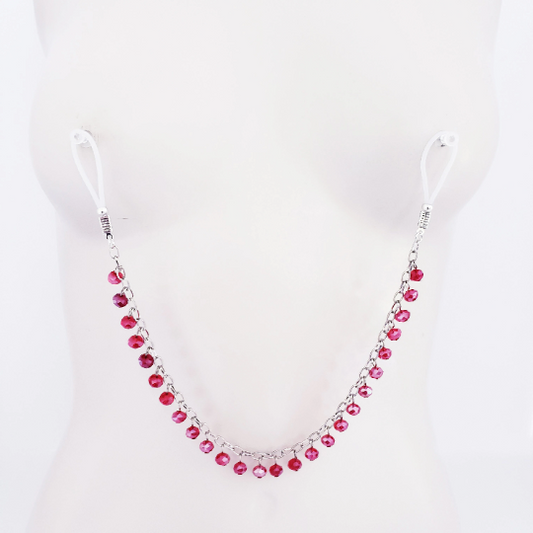 Nipple Chain with Red Bead Dangles, Non Piercing. Or Your Choice of Nipple Clamps.BDSM