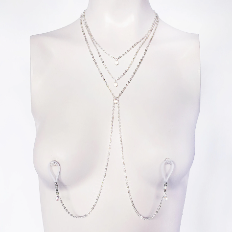 Elegant crystal teardrop 3 tiered necklace with attached nipple nooses or feel the sting with nipple clamps. BDSM, Submissive, DDLG