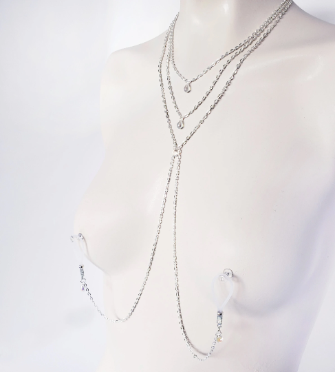 Elegant crystal teardrop 3 tiered necklace with attached nipple nooses or feel the sting with nipple clamps. BDSM, Submissive, DDLG