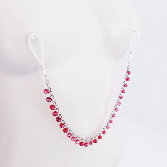 Nipple Chain with Red Bead Dangles, Non Piercing. Or Your Choice of Nipple Clamps.BDSM