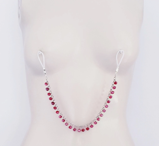 Nipple Chain with Red Bead Dangles, Non Piercing. Or Your Choice of Nipple Clamps.BDSM