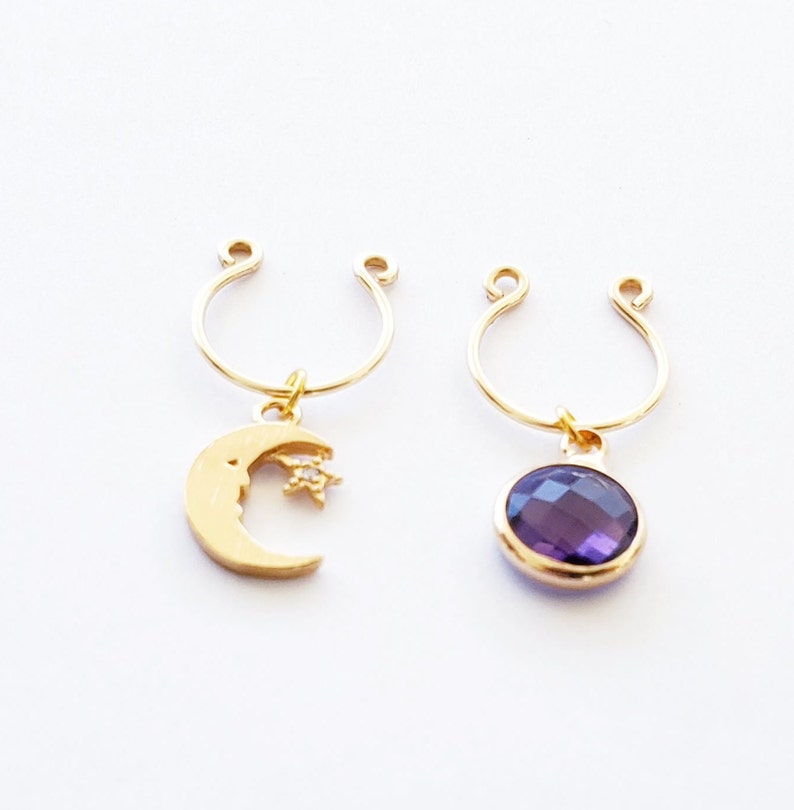 Gold Nipple Rings with Moon and Purple Gem