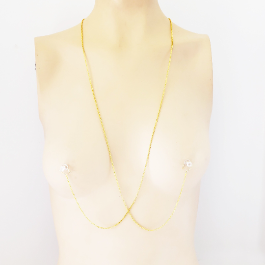 Erotic Backdrop Necklace with Bee and Honeycomb and Non Piercing Nipple Rings. BDSM, Submissive