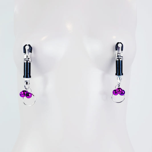BDSM Nipple Clamps. Barrel Nipple Clamps with Bells and Pull Rings. MATURE