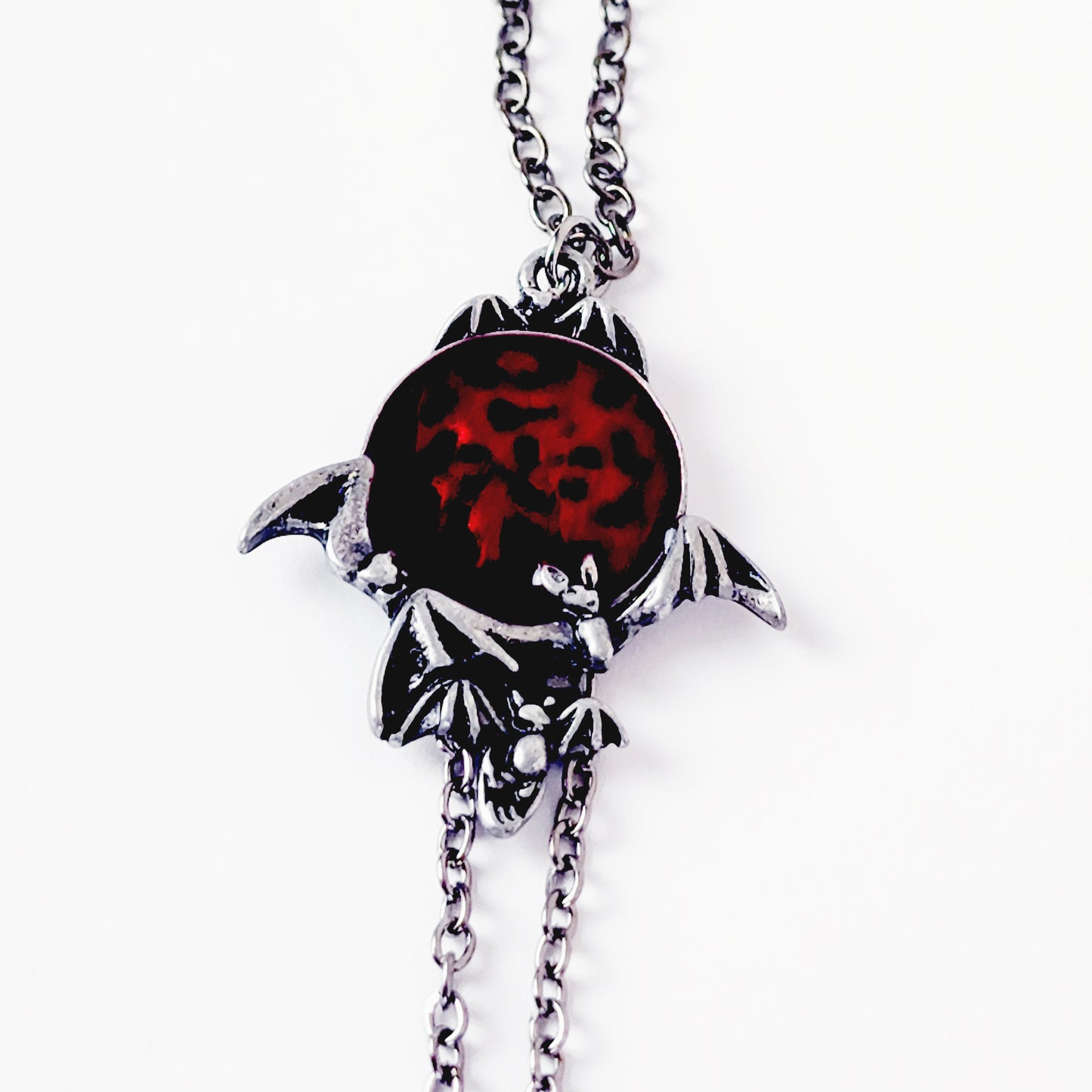 Non Piercing Necklace To Nipple, Gunmetal Black with Bats and Red Pendant. Nipple Nooses, Nipple Clamps, or Rings.