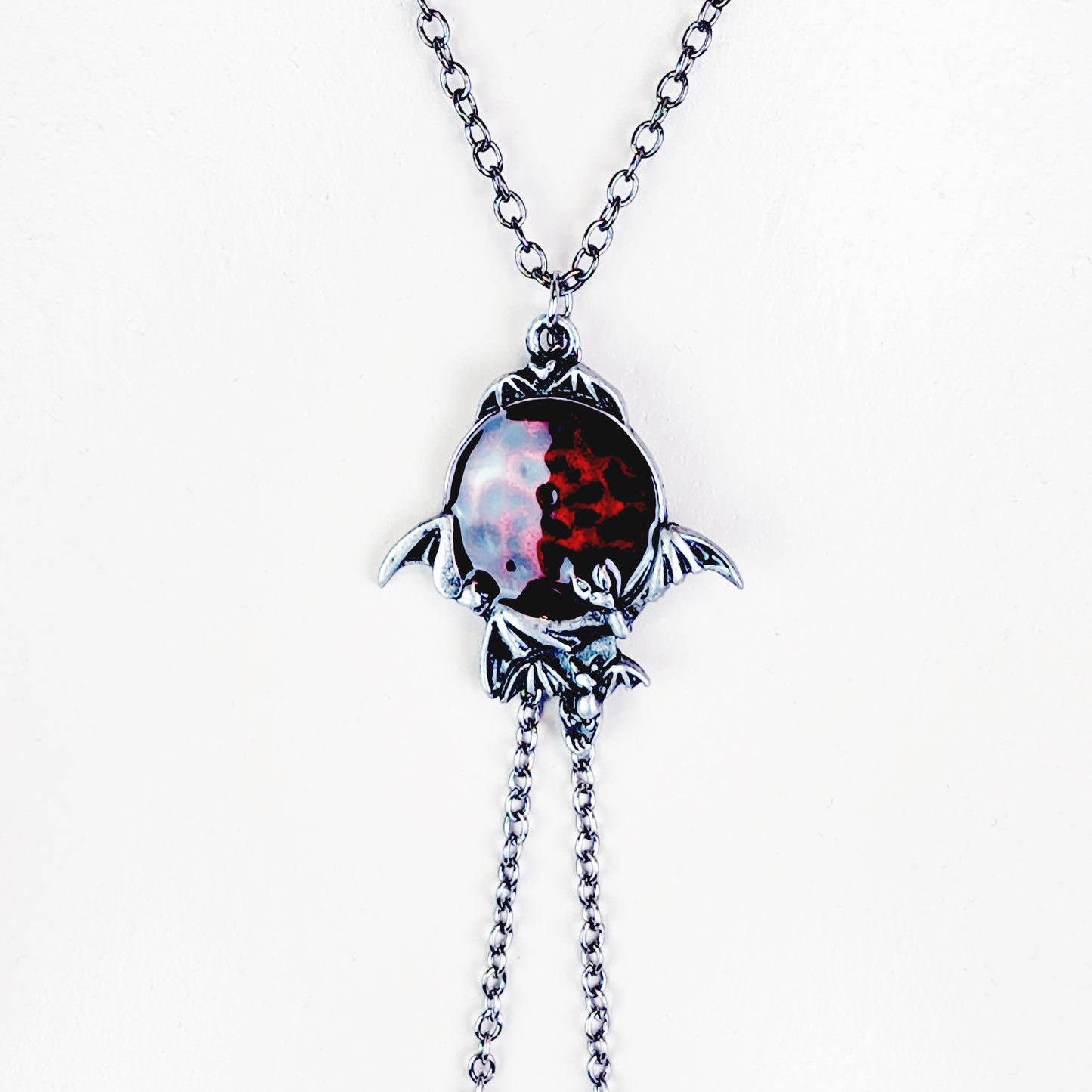 Non Piercing Necklace To Nipple, Gunmetal Black with Bats and Red Pendant. Nipple Nooses, Nipple Clamps, or Rings.