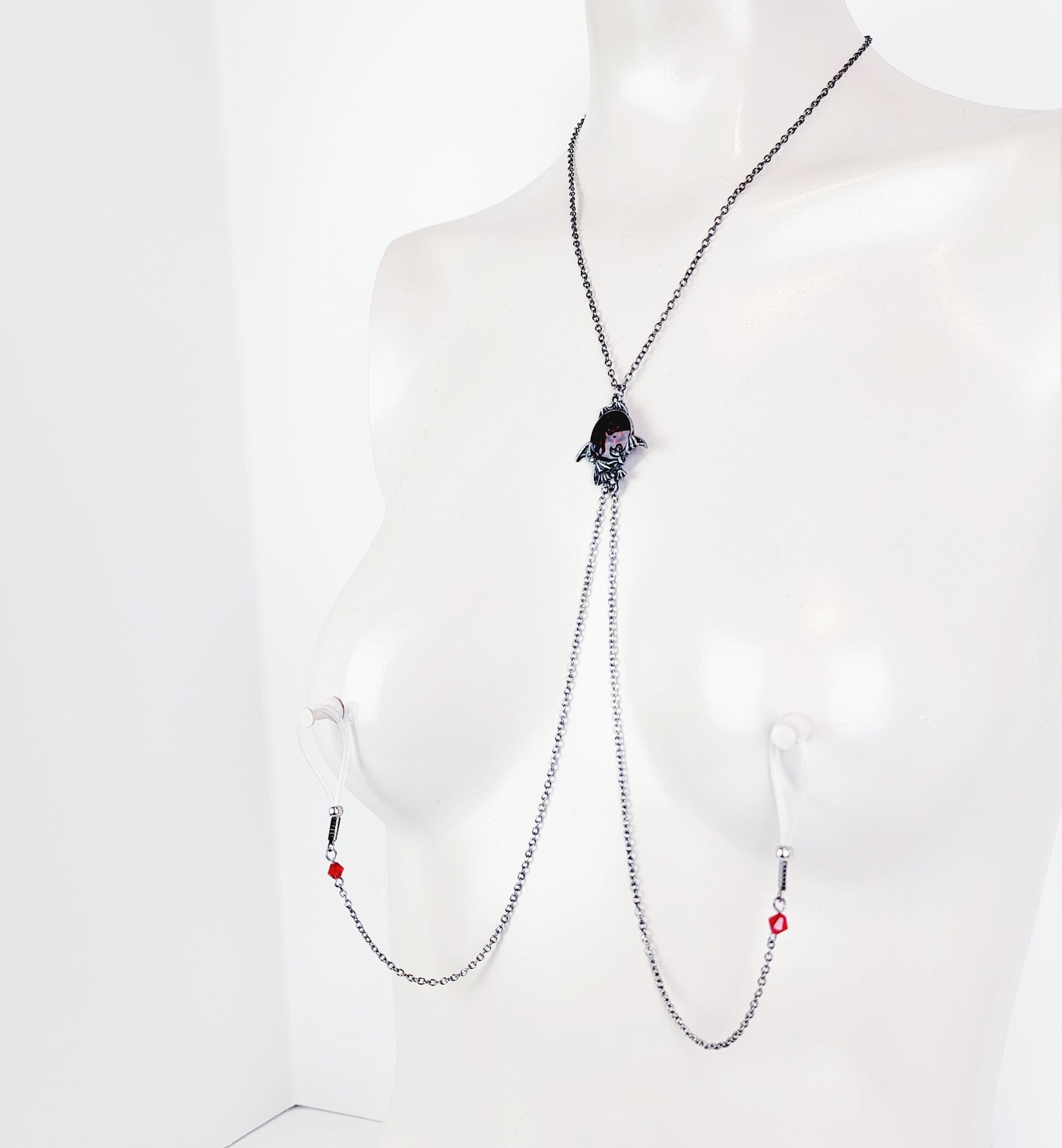 Non Piercing Necklace To Nipple, Gunmetal Black with Bats and Red Pendant. Nipple Nooses, Nipple Clamps, or Rings.