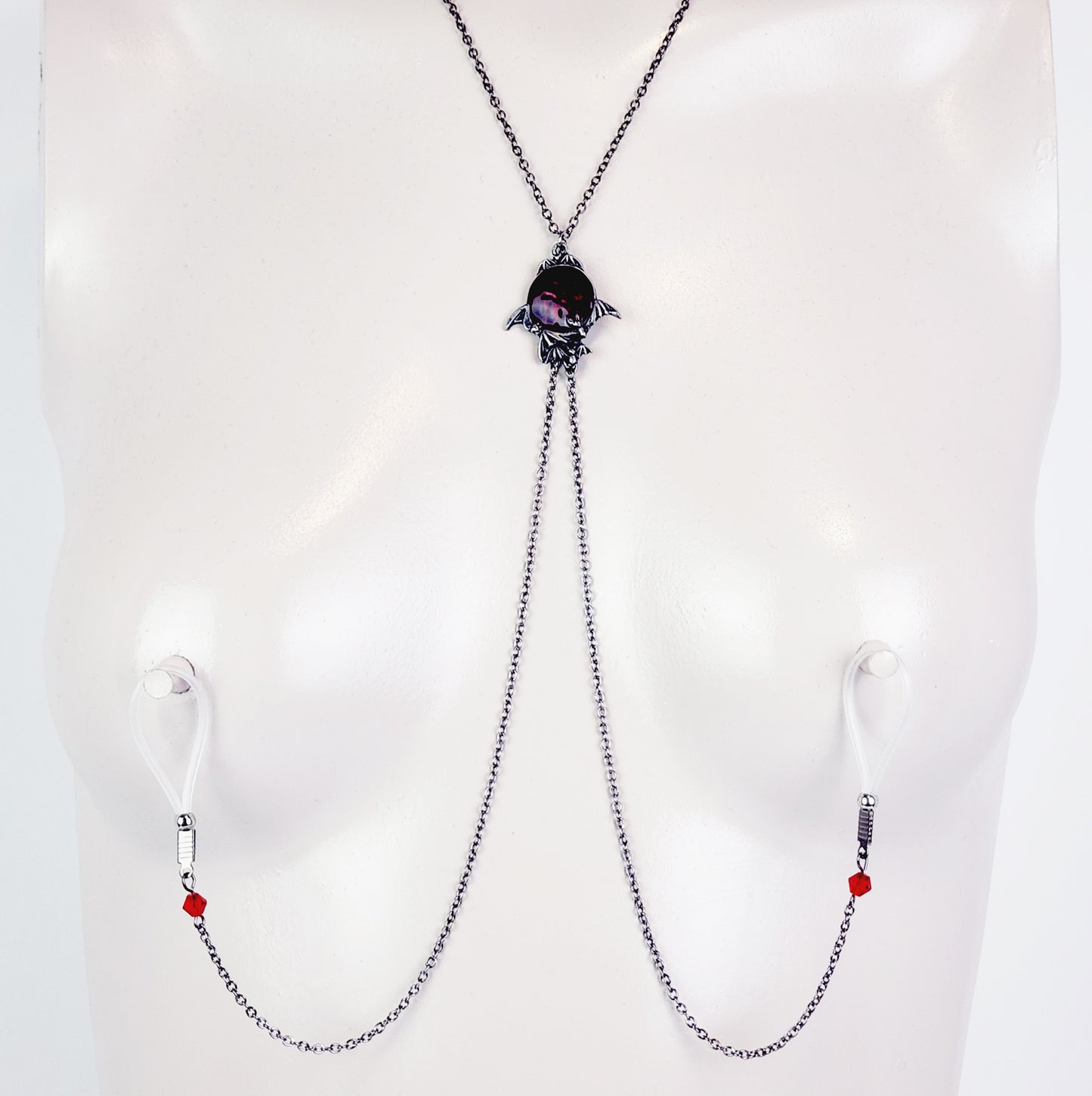 Non Piercing Necklace To Nipple, Gunmetal Black with Bats and Red Pendant. Nipple Nooses, Nipple Clamps, or Rings.