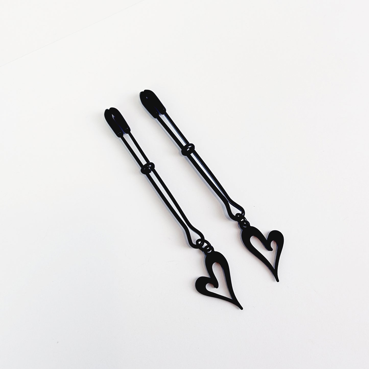 Nipple Clamps, Black Tweezer Clamps with Black Hearts. Set of Two. MATURE, Non Piercing Nipple, BDSM