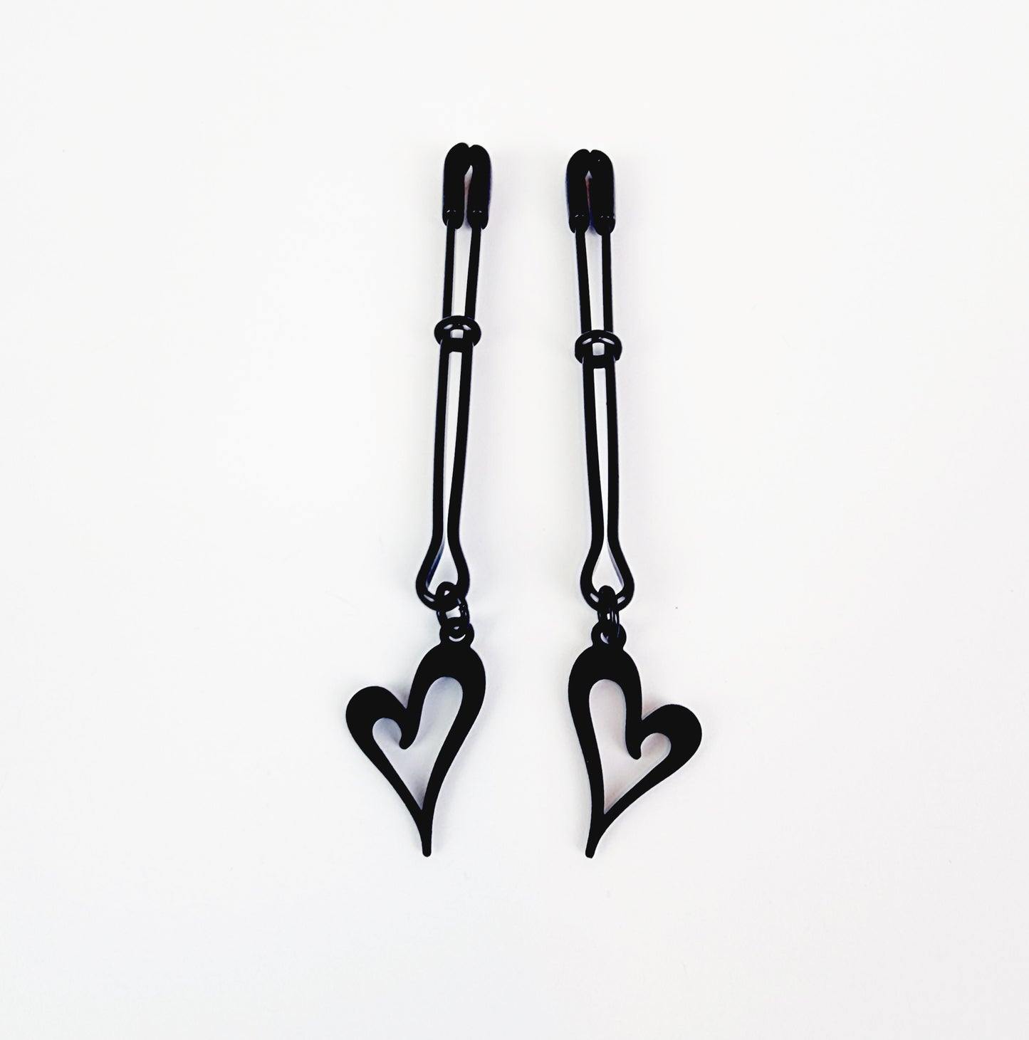 Nipple Clamps, Black Tweezer Clamps with Black Hearts. Set of Two. MATURE, Non Piercing Nipple, BDSM