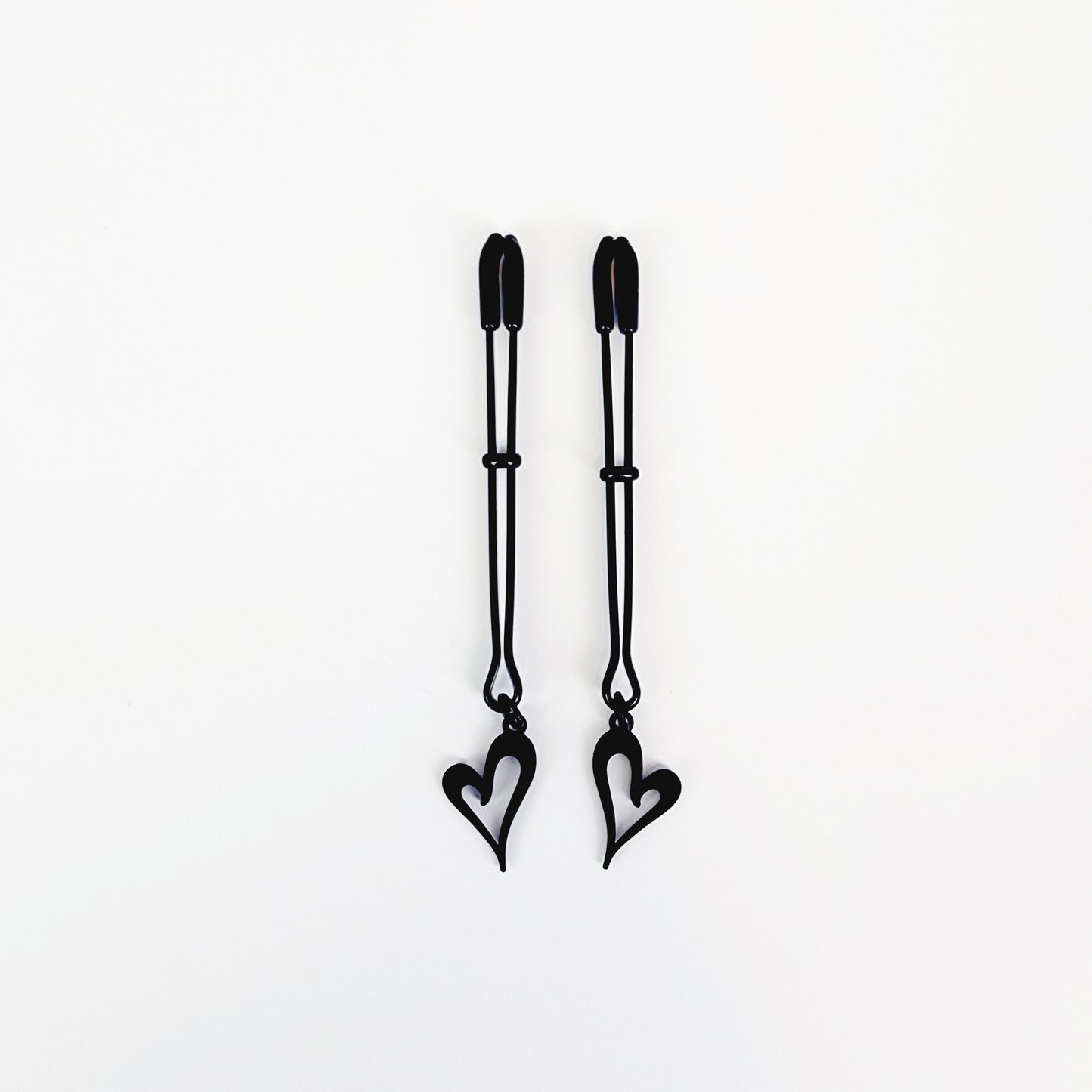 Nipple Clamps, Black Tweezer Clamps with Black Hearts. Set of Two. MATURE, Non Piercing Nipple, BDSM