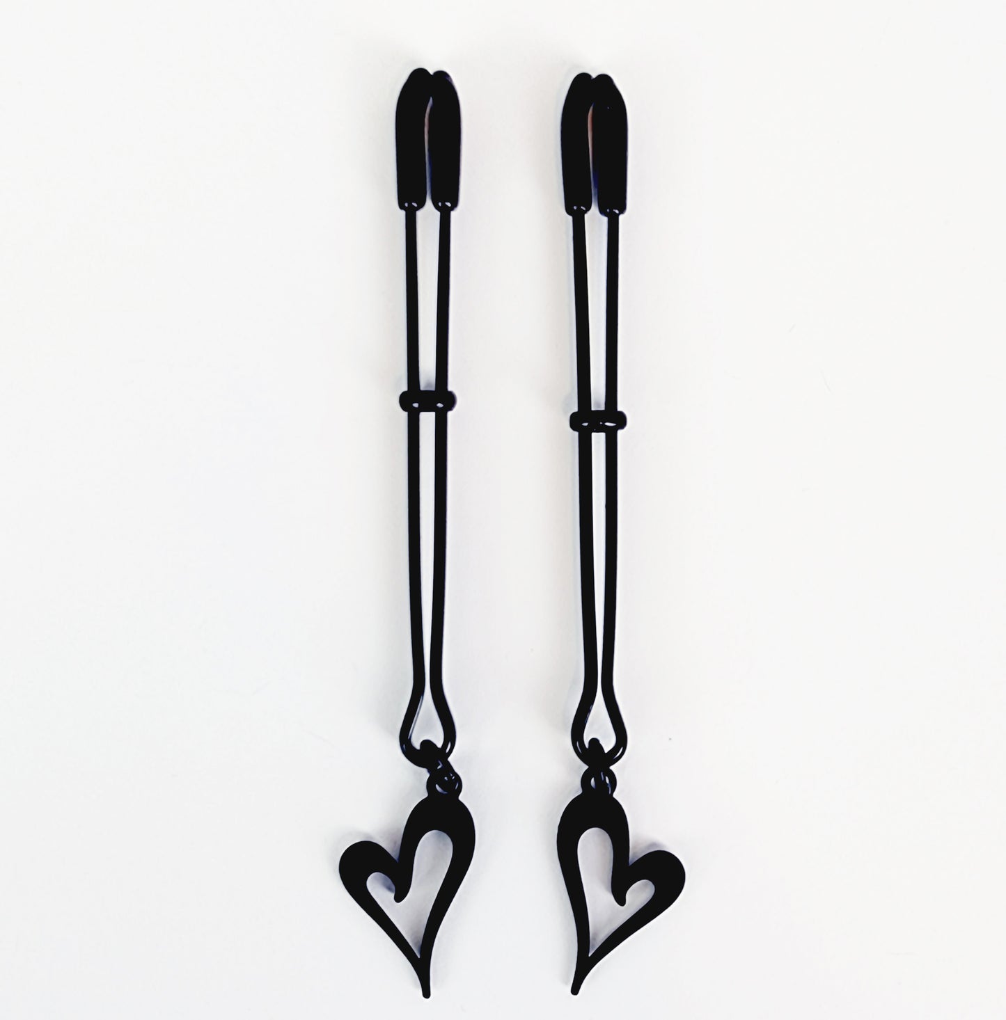 Nipple Clamps, Black Tweezer Clamps with Black Hearts. Set of Two. MATURE, Non Piercing Nipple, BDSM