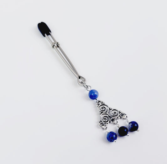Clit Clamp with Triskelion Pendent with Sodalite Stone Beads. Tweezer Clitoral Clamp.