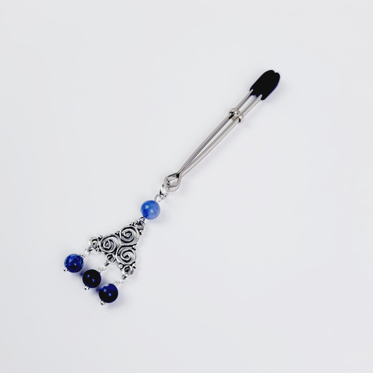 Clit Clamp with Triskelion Pendent with Sodalite Stone Beads. Tweezer Clitoral Clamp.