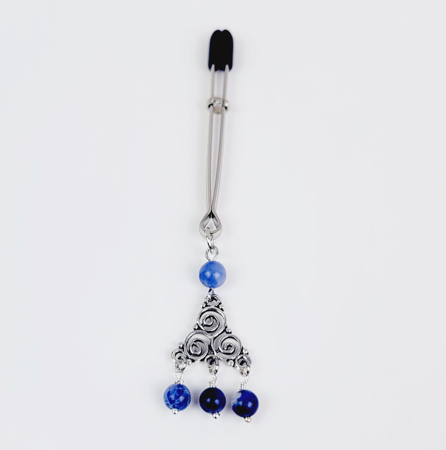 Clit Clamp with Triskelion Pendent with Sodalite Stone Beads. Tweezer Clitoral Clamp.