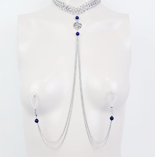 Necklace to Nipple, Non Piercing. Chainmail Choker with Lapis Lazuli and Celtic Knot Shield. Nipple Nooses or Nipple Clamps. BDSM