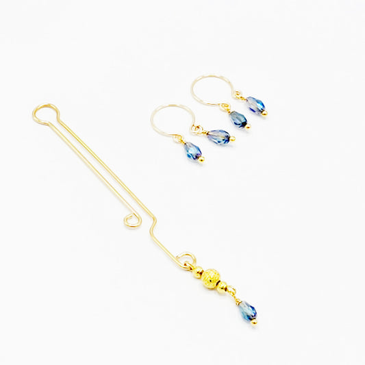 Non Piercing Nipple and Clitoral Jewelry Set. Gold and Blue Crystal Nipple Ring Dangles and Labia Clip