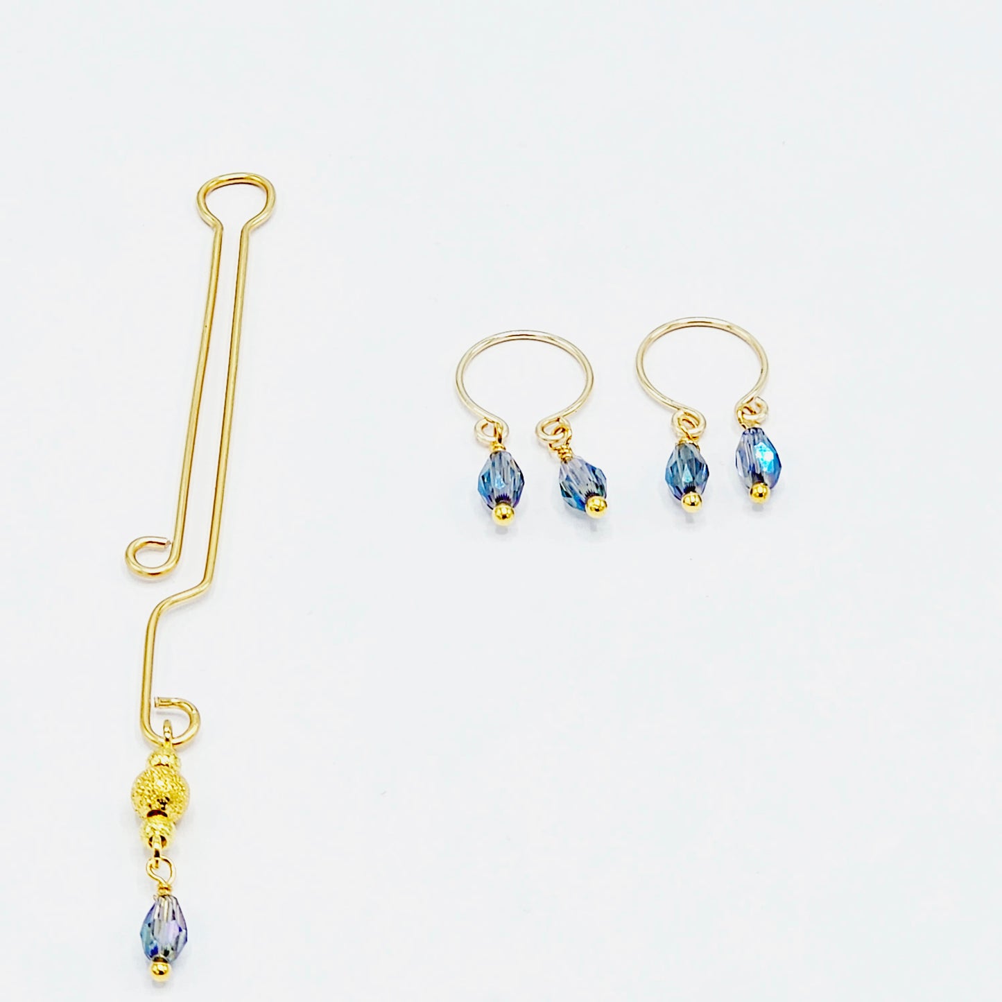 Non Piercing Nipple and Clitoral Jewelry Set. Gold and Blue Crystal Nipple Ring Dangles and Labia Clip