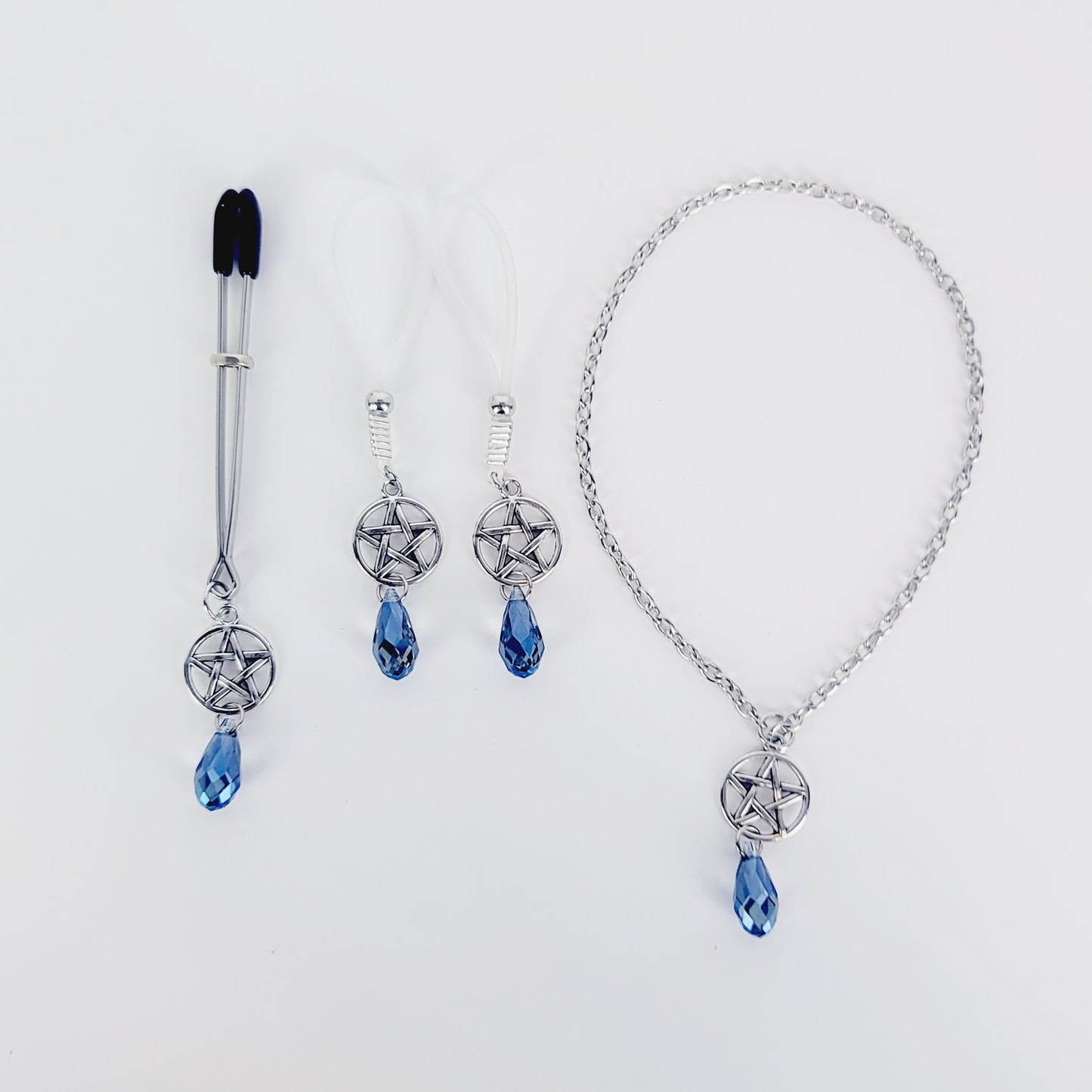 Intimate Jewelry Set For Couples with Pentagram and Crystal. Penis Chain Noose, Tweezer Clit Clamp, and Nipple Dangles or Clamps.