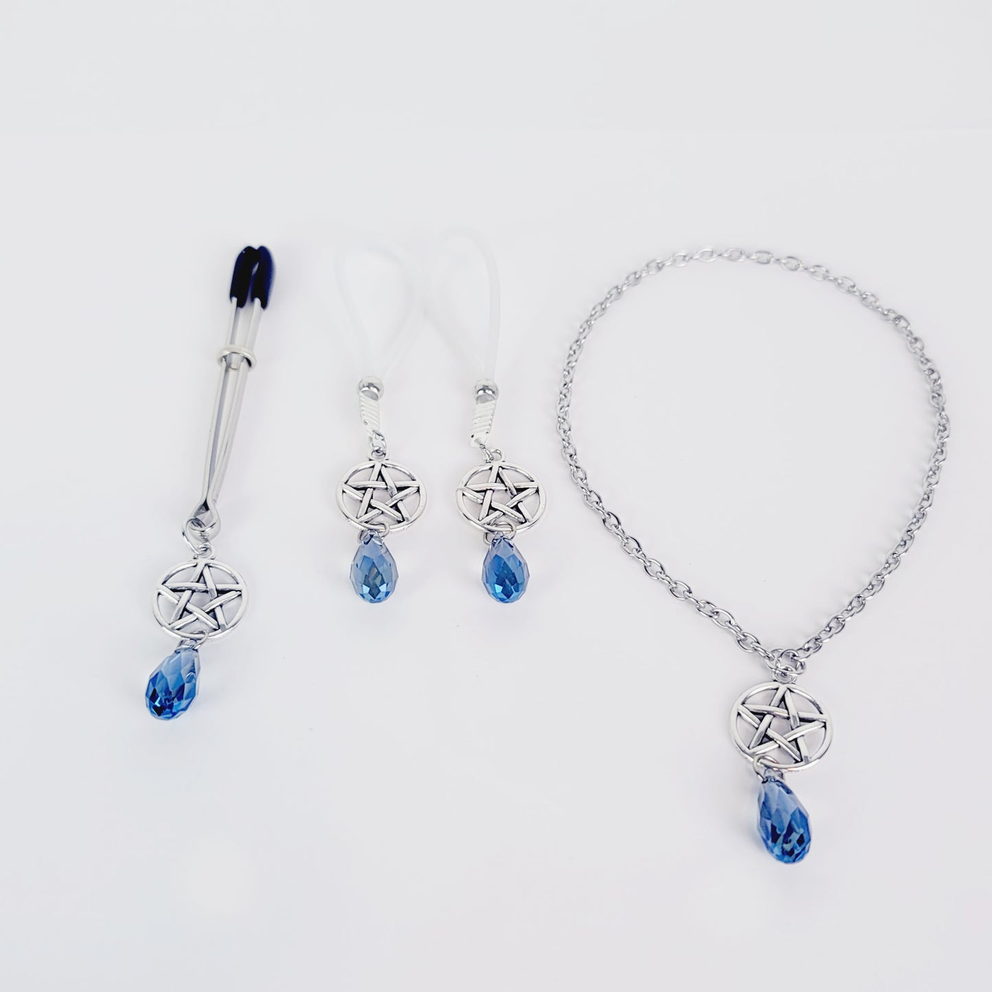 Intimate Jewelry Set For Couples with Pentagram and Crystal. Penis Chain Noose, Tweezer Clit Clamp, and Nipple Dangles or Clamps.