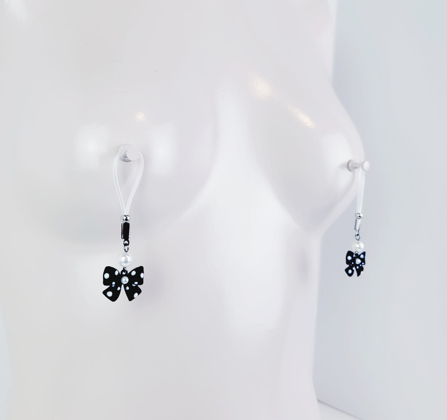 Bow Nipple Dangles with Pearls, on Non Piercing Nipple Nooses or Your Choice of Nipple Clamps. MATURE, BDSM
