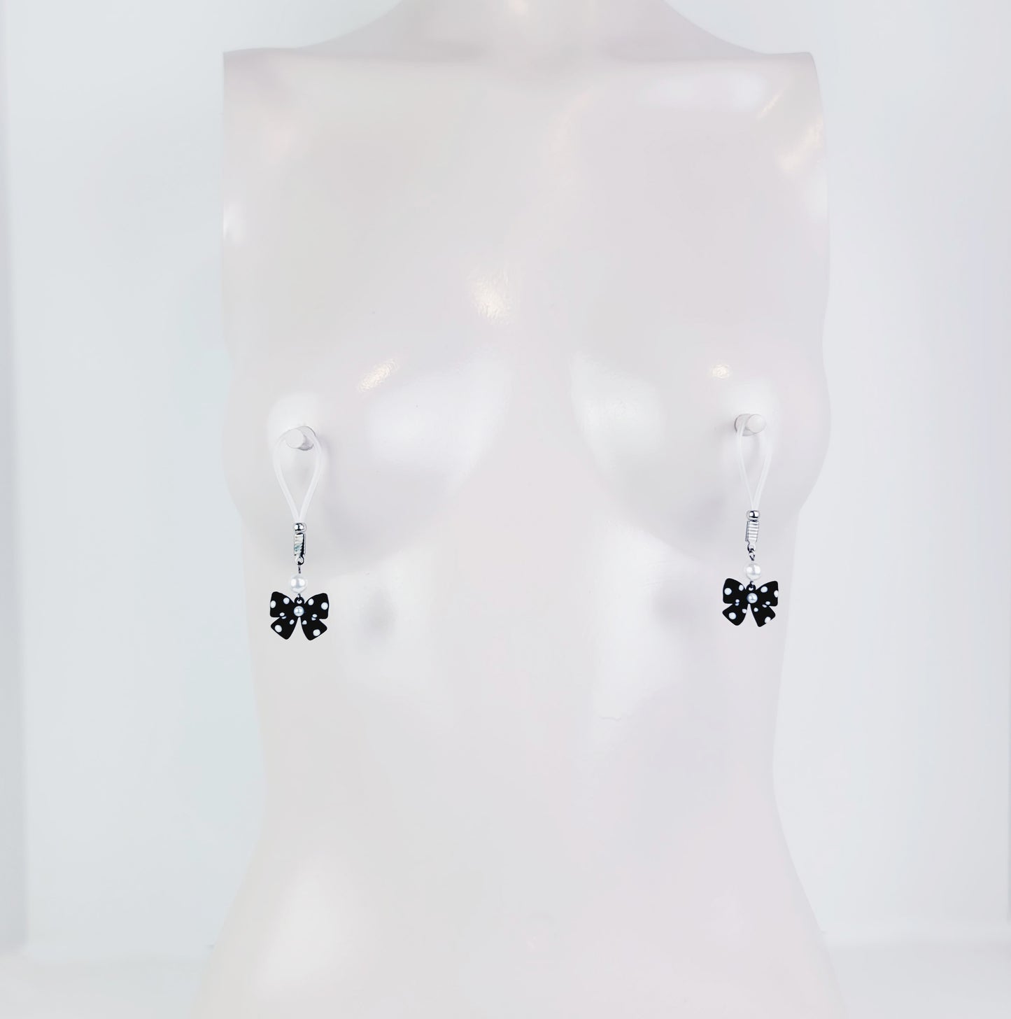 Bow Nipple Dangles with Pearls, on Non Piercing Nipple Nooses or Your Choice of Nipple Clamps. MATURE, BDSM