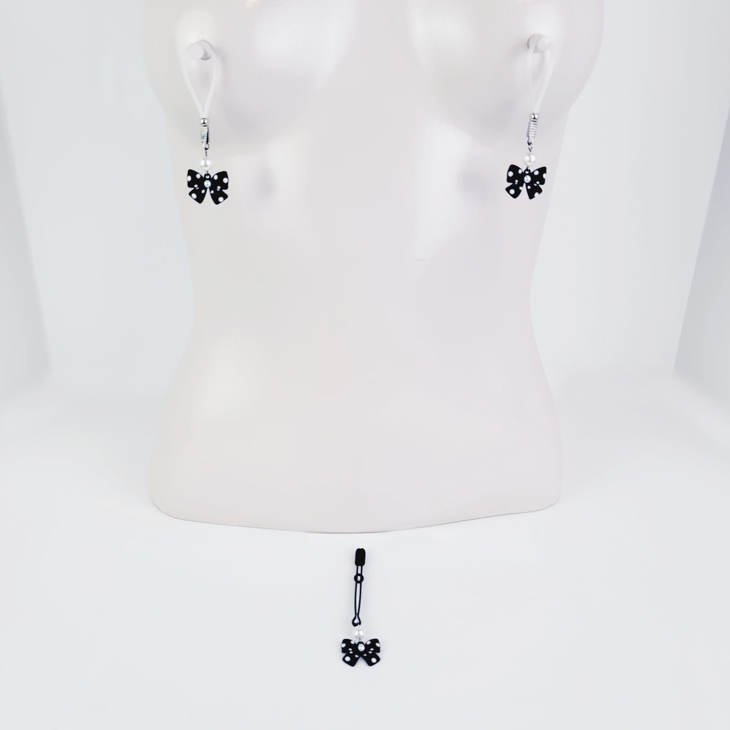 Nipple and Clit Set, Non Piercing, with Bows and Pearls. Choose Nipple Nooses or Your Choice of Nipple Clamps.