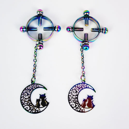Circle Nipple Clamps, Rainbow Stainless Steel with Cats on Moon Pendants. Non Piercing Nipple, BDSM Nipple Clamps