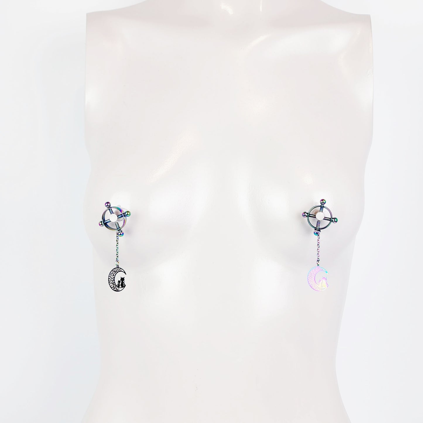 Circle Nipple Clamps, Rainbow Stainless Steel with Cats on Moon Pendants. Non Piercing Nipple, BDSM Nipple Clamps