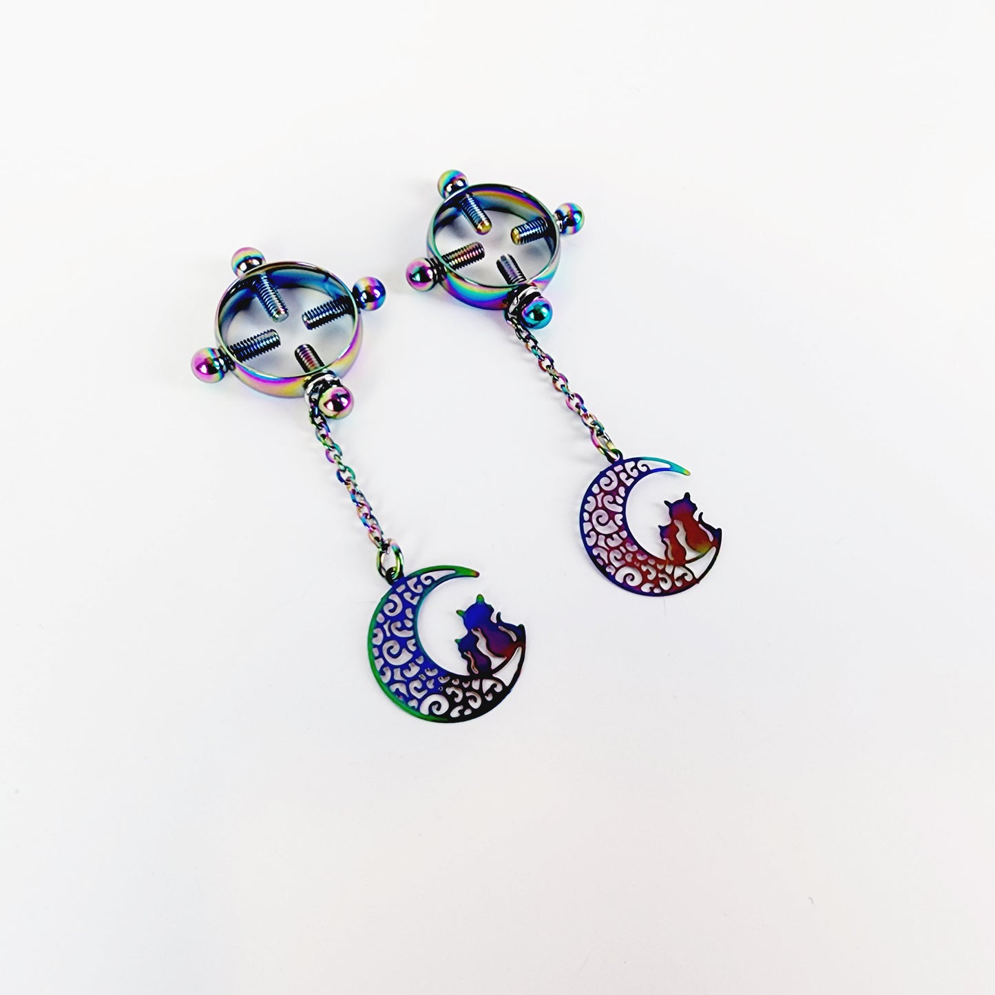 Circle Nipple Clamps, Rainbow Stainless Steel with Cats on Moon Pendants. Non Piercing Nipple, BDSM Nipple Clamps