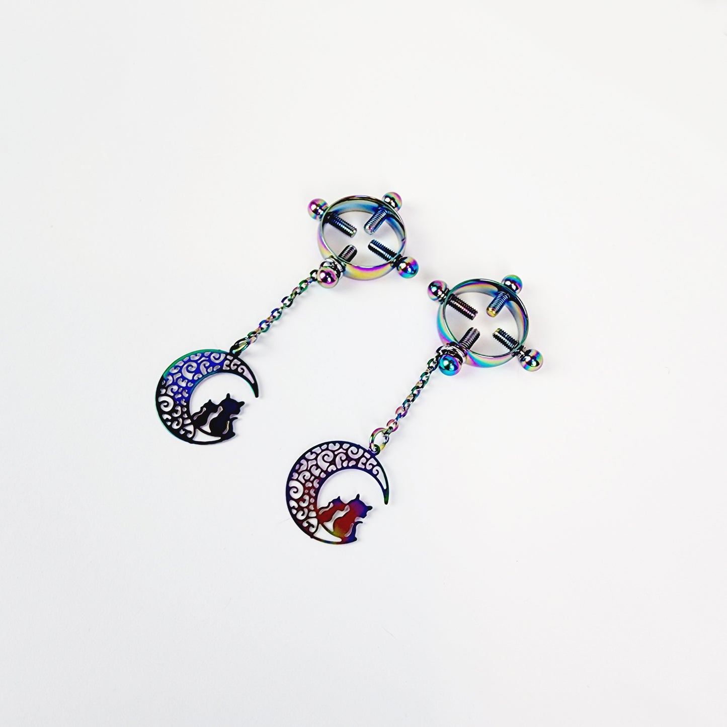 Circle Nipple Clamps, Rainbow Stainless Steel with Cats on Moon Pendants. Non Piercing Nipple, BDSM Nipple Clamps