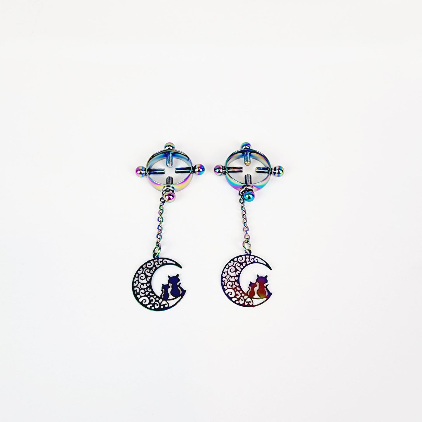 Circle Nipple Clamps, Rainbow Stainless Steel with Cats on Moon Pendants. Non Piercing Nipple, BDSM Nipple Clamps