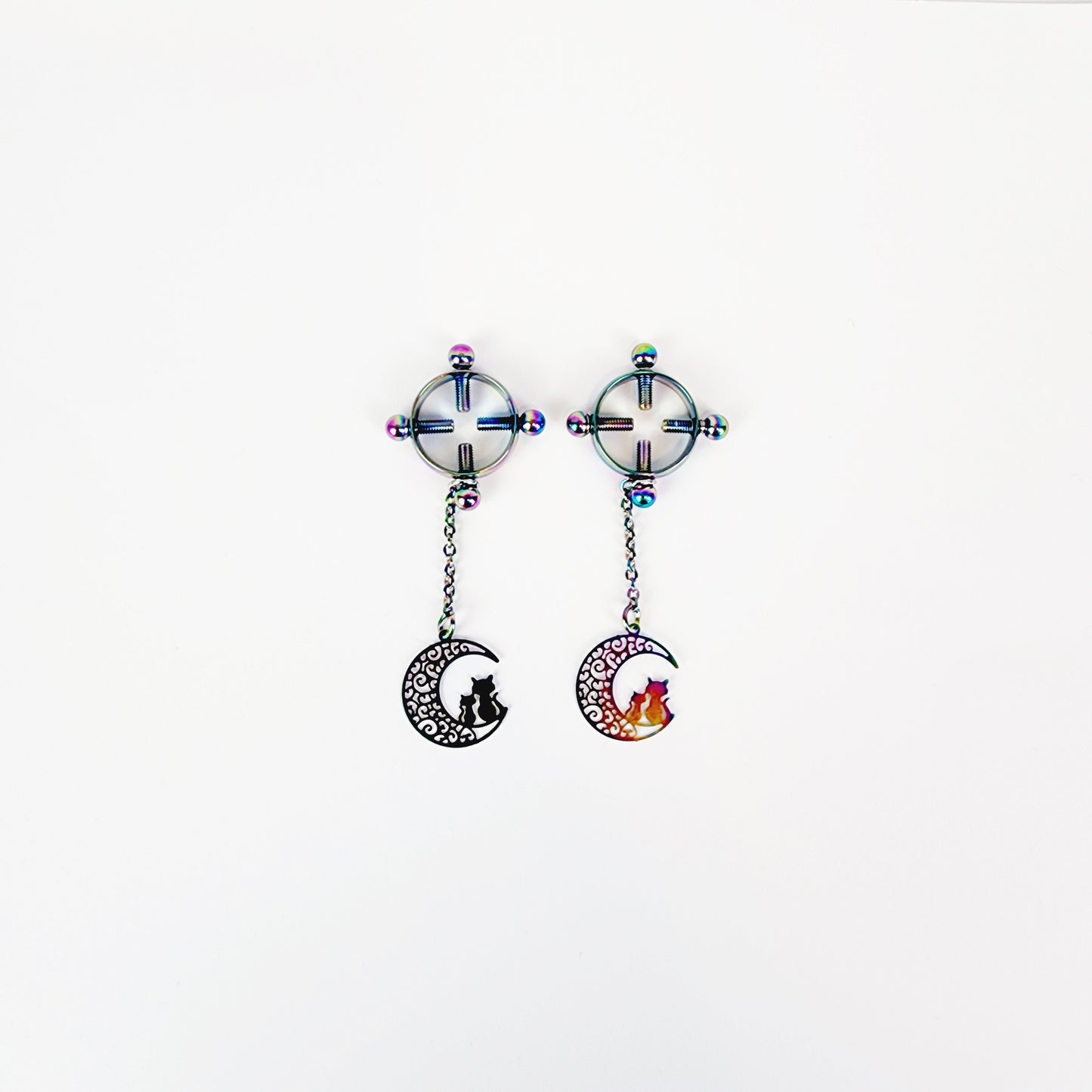 Circle Nipple Clamps, Rainbow Stainless Steel with Cats on Moon Pendants. Non Piercing Nipple, BDSM Nipple Clamps