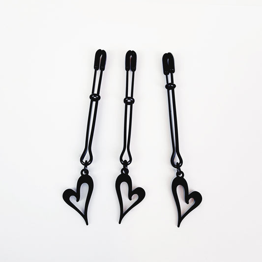 Nipple and Clit Clamp Set. Black Tweezer Clamps with Heart. MATURE, BDSM Sex Toy for Women, Submissive