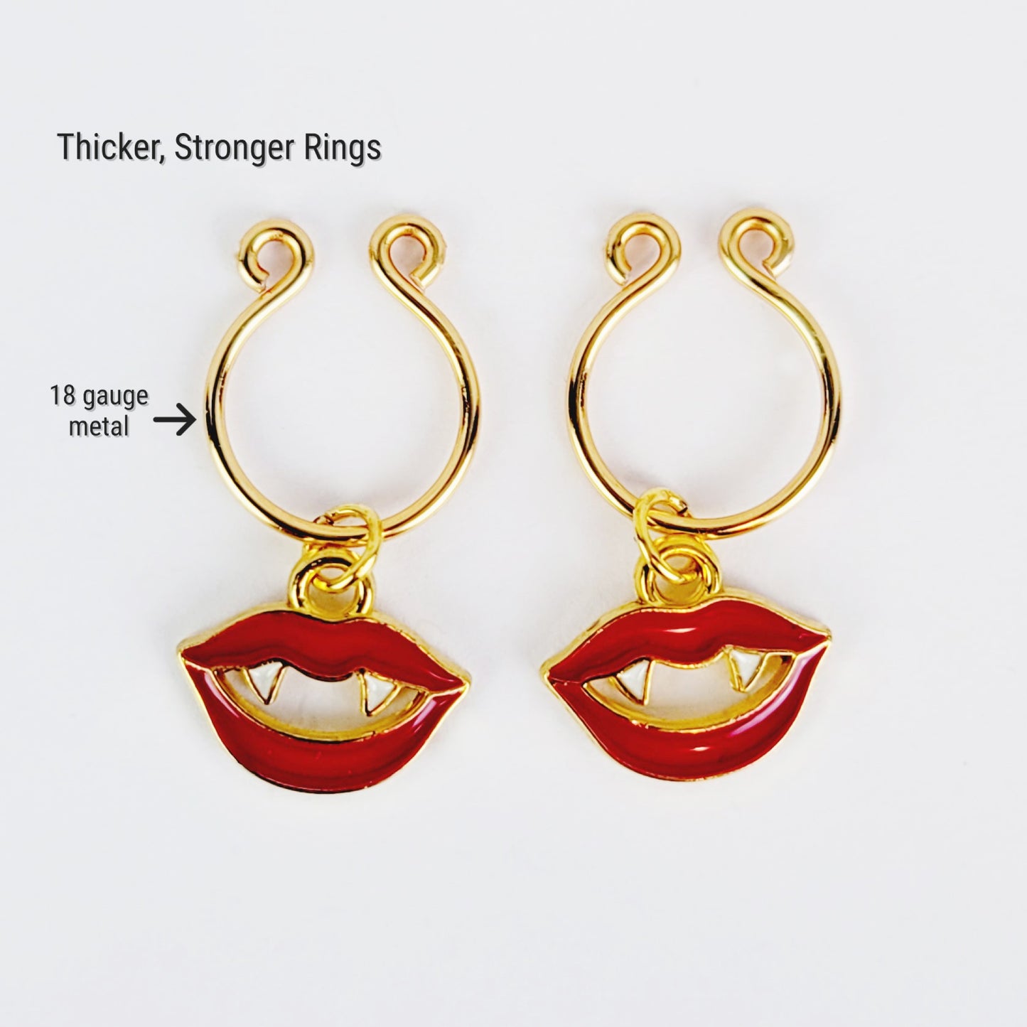 Non Piercing Nipple Rings with Vampire Lips, Gold. Thick Horseshoe Style Nipple Rings, Not Pierced. Faux Nipple Rings for Halloween. MATURE