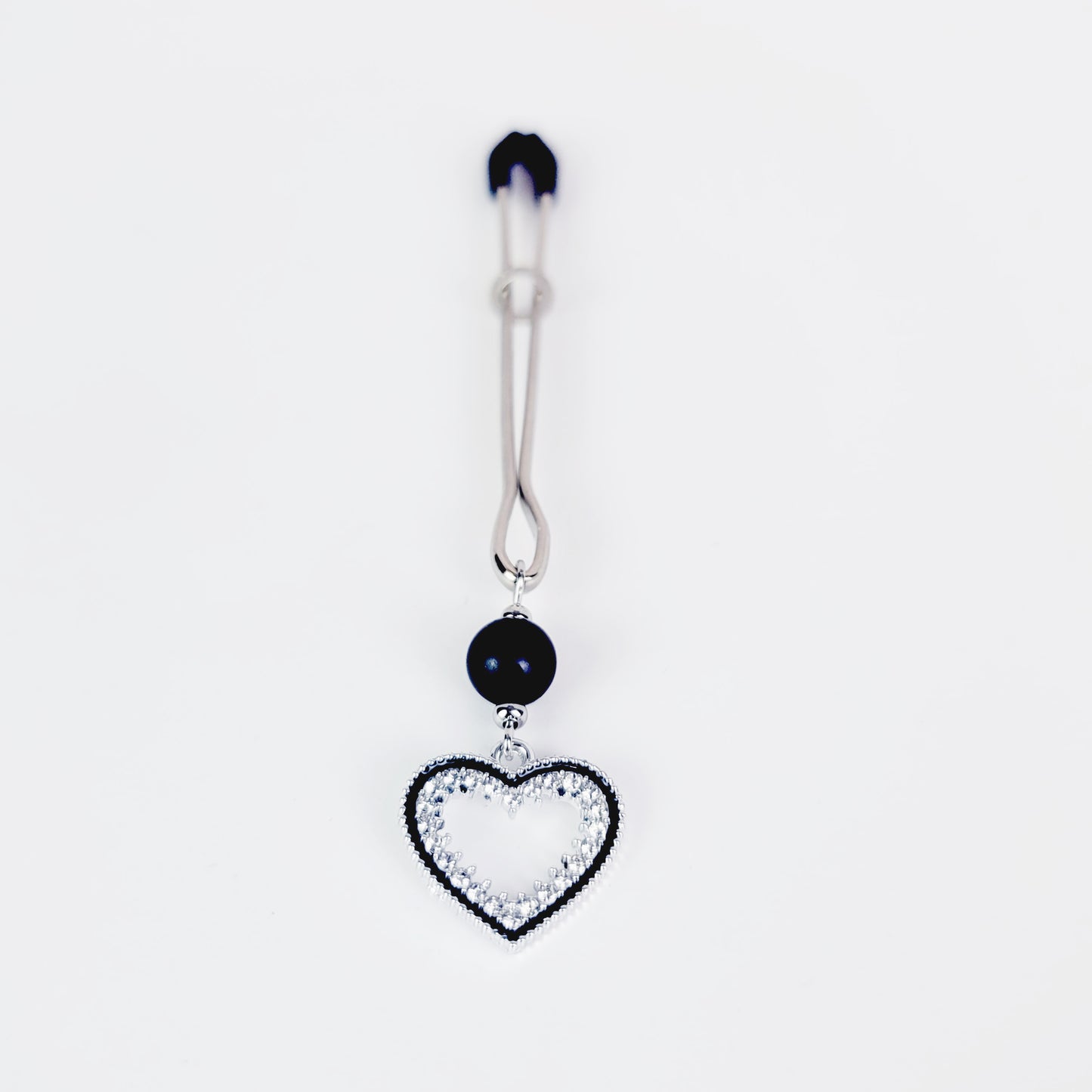 Tweezer Clit Clamp with Sparkling Heart and Black Obsidian. Clitoral Clamp For BDSM Submissive Women.