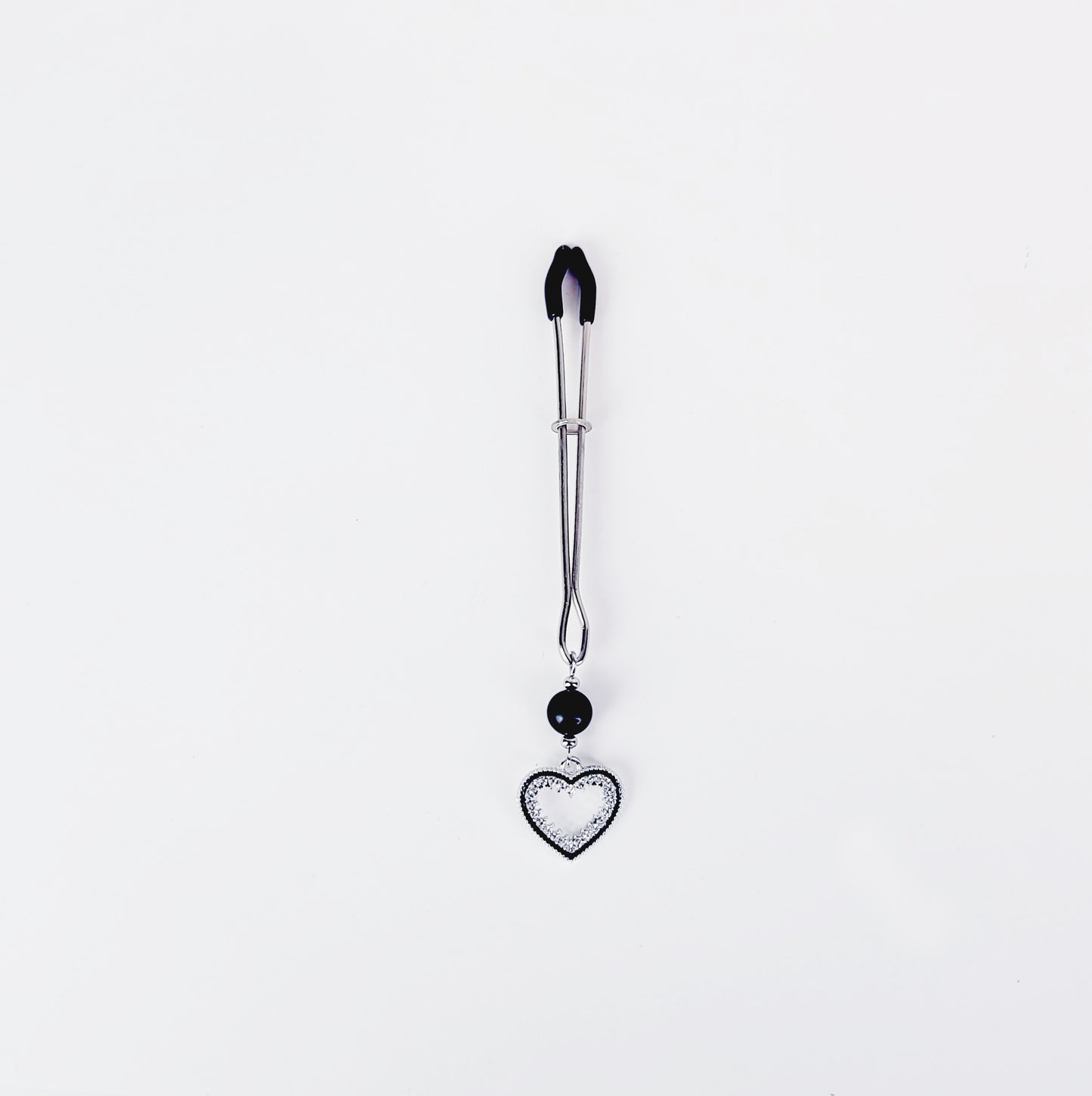 Tweezer Clit Clamp with Sparkling Heart and Black Obsidian. Clitoral Clamp For BDSM Submissive Women.