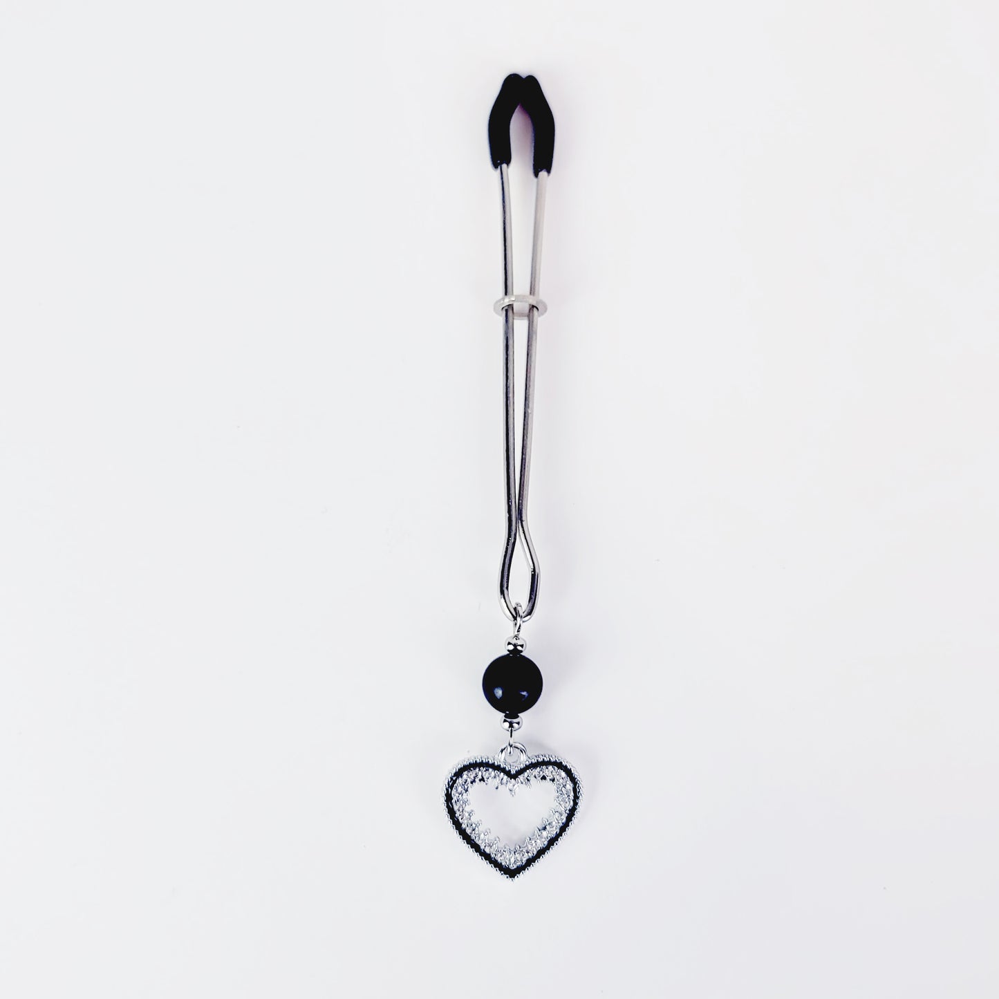 Tweezer Clit Clamp with Sparkling Heart and Black Obsidian. Clitoral Clamp For BDSM Submissive Women.