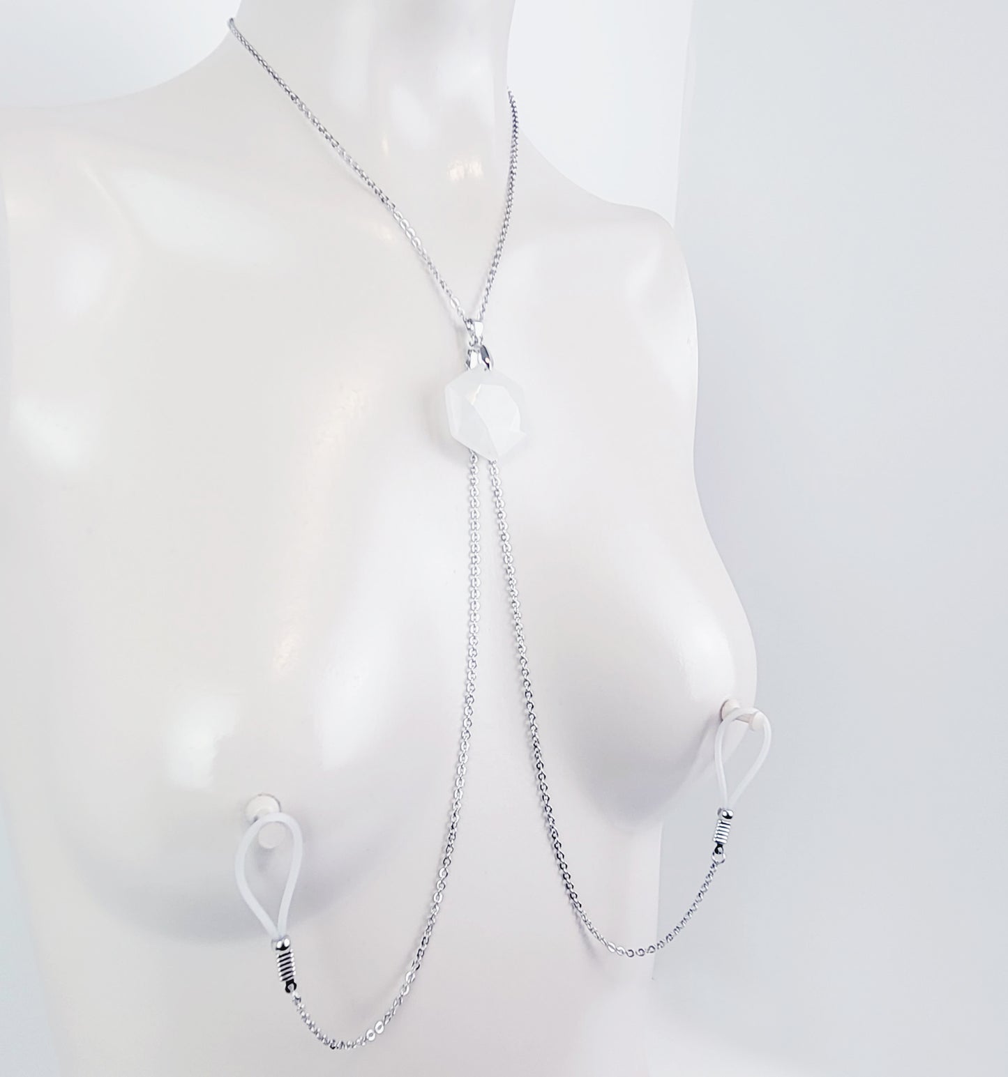 Crystal Necklace to Nipple, Stainless Steel with Quartz Crystal and Non Piercing Nipple Nooses or Clamps