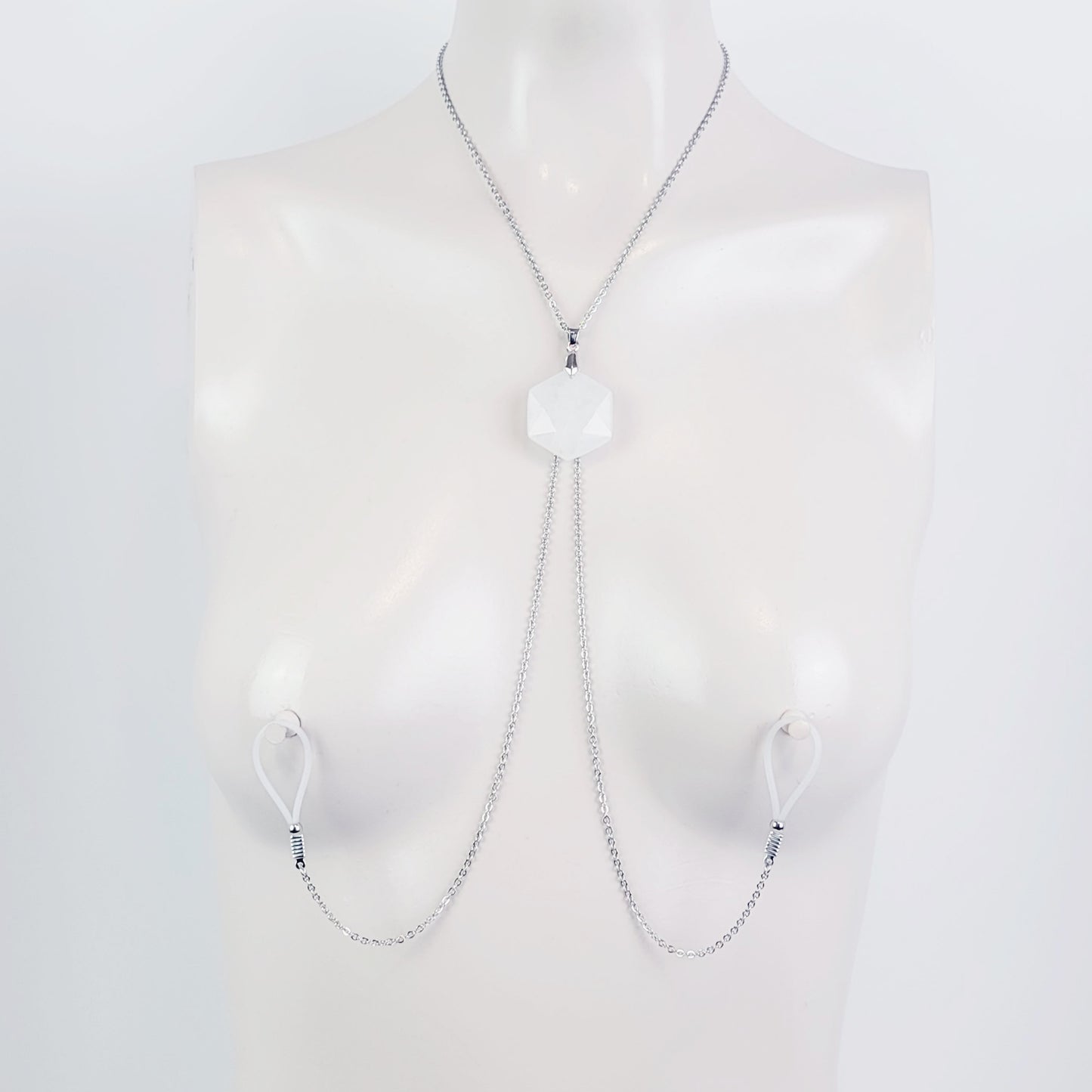 Crystal Necklace to Nipple, Stainless Steel with Quartz Crystal and Non Piercing Nipple Nooses or Clamps